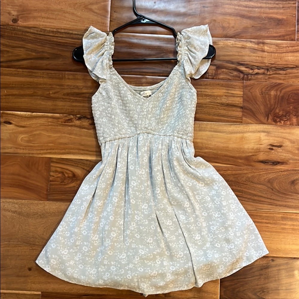 Hollister Light Blue Floral Mini Dress with Ruffled Shoulders